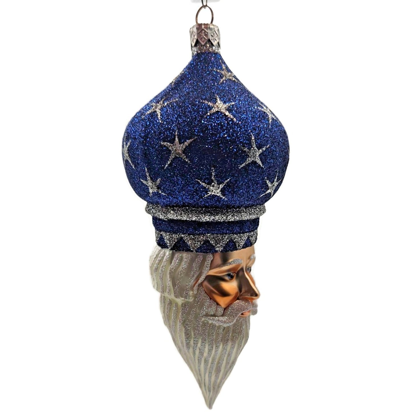 Patricia Breen Nuit Noel Blue Silver Stars Santa Head Christmas Tree Ornament