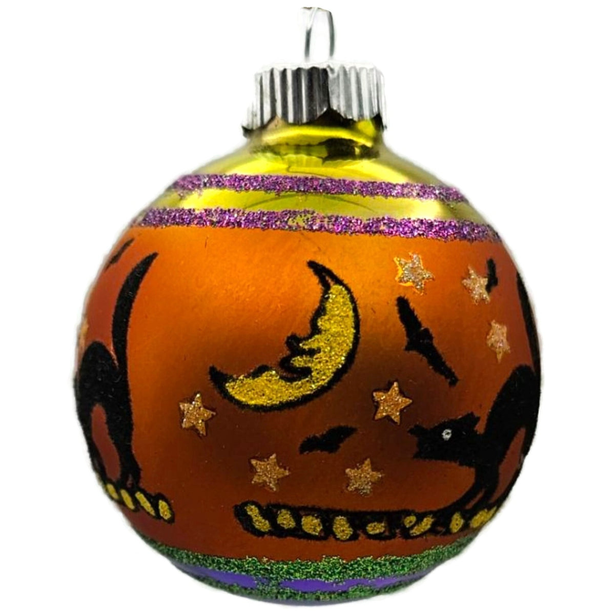 Christopher Radko Shiny Brite Orange Black Cat Glass Ball Halloween Ornament