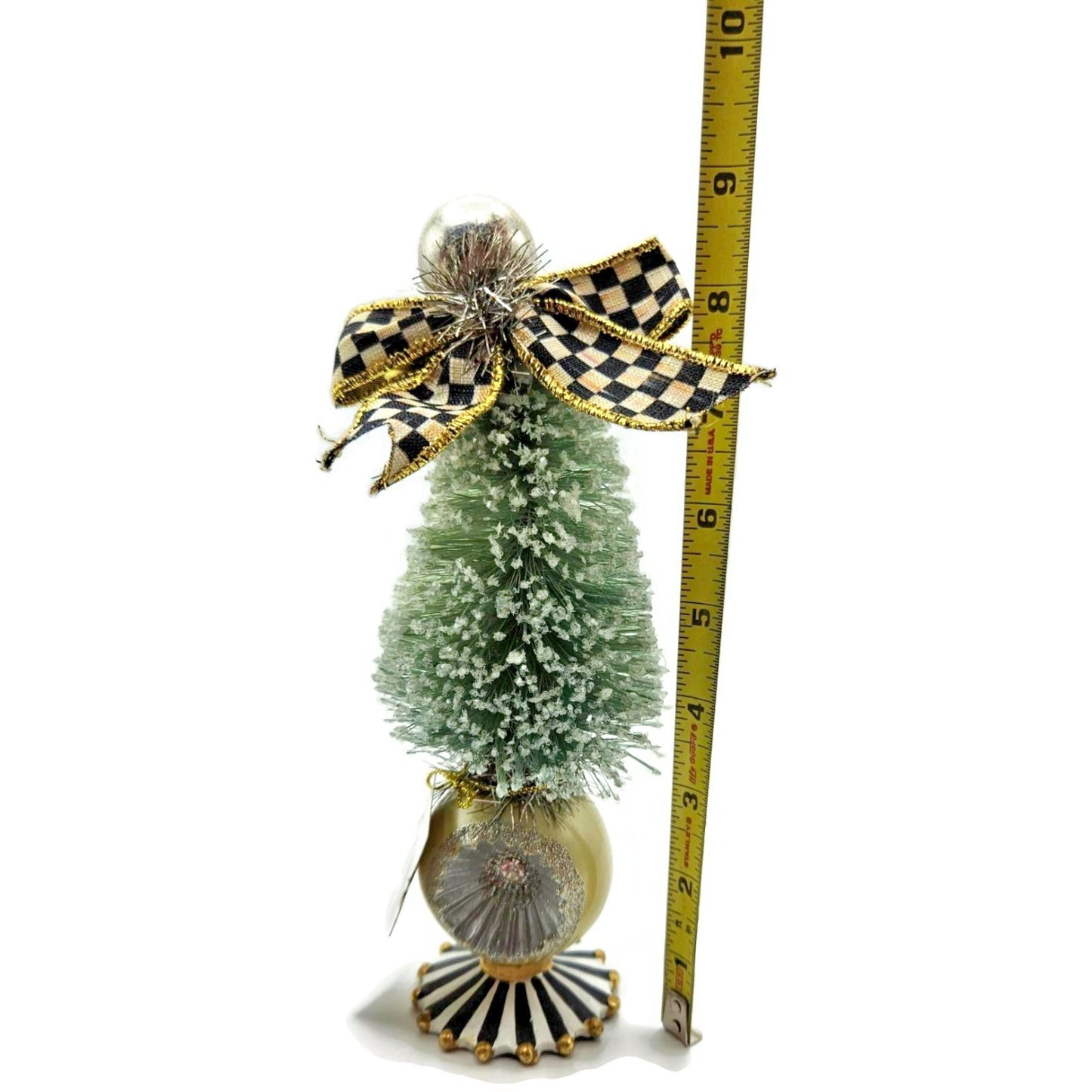 Mackenzie Childs Home Sweet Snow Bottle Brush Tree Mini Green Courtly Check Bow