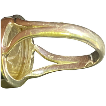 Golden Rutilated Quartz Crystal Ring Oval Cabochon 925 Sterling Silver Size 4