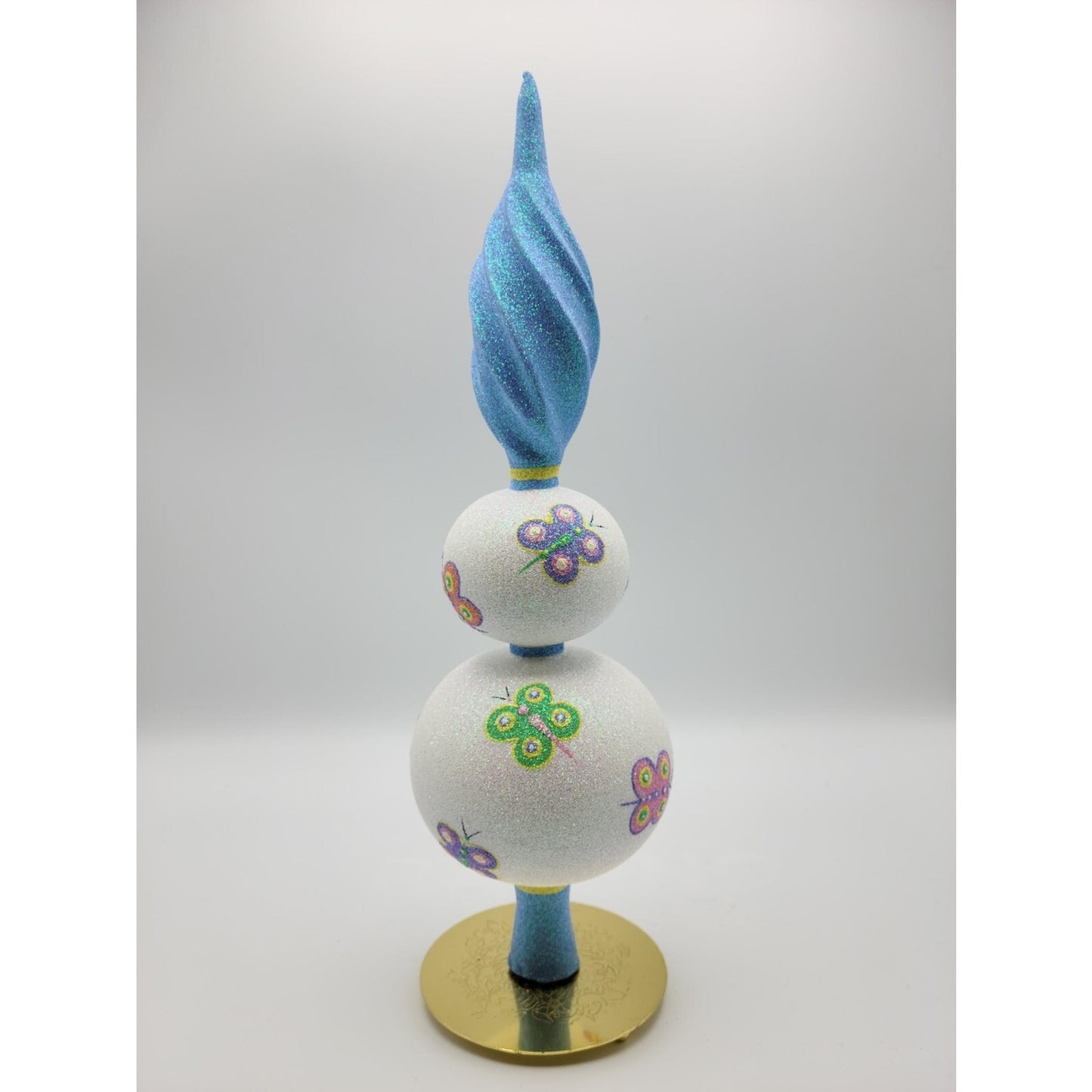 Patricia Breen Butterfly Finial 2-Ball Blue Yellow Christmas Finial Tree Topper