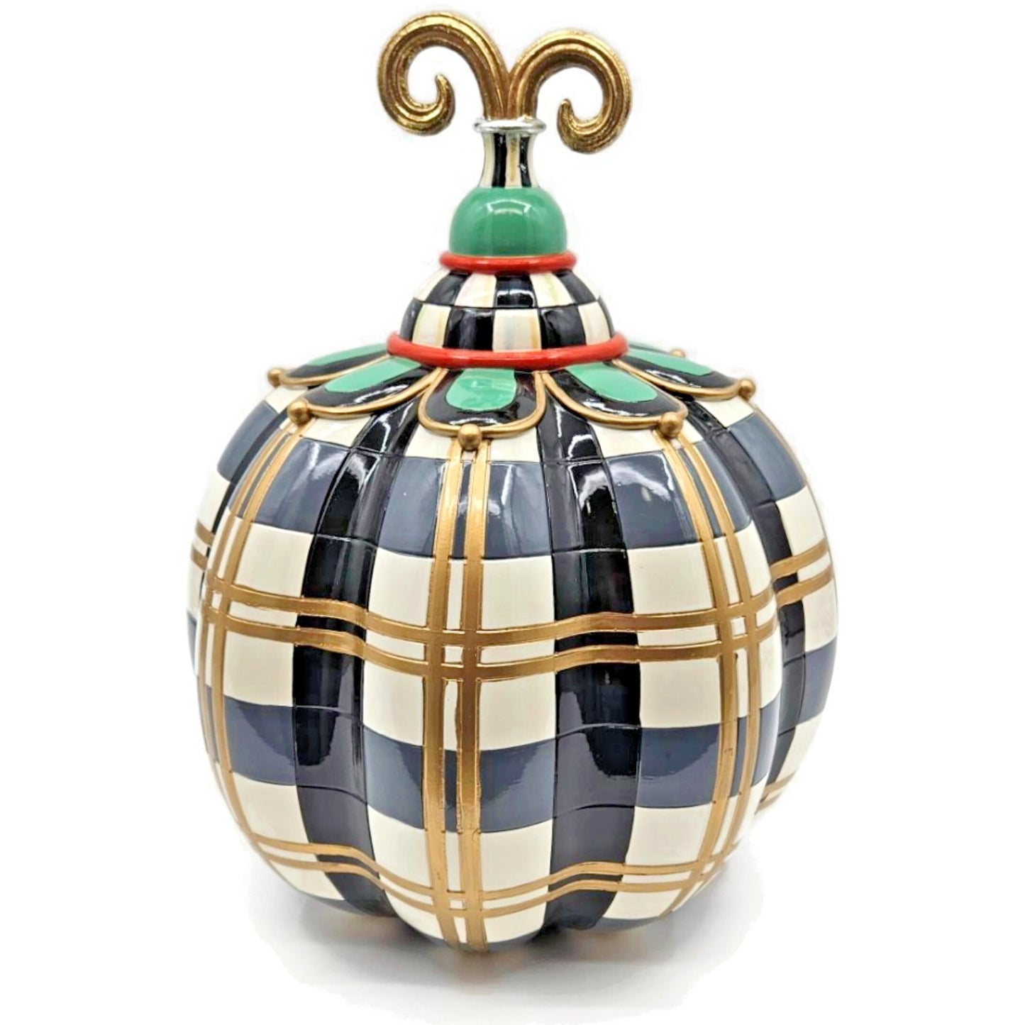MacKenzie Childs Courtly Check Pumpkin Gold Trim Plaid Finial Black Halloween