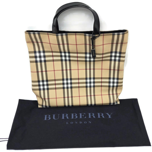 Burberry London Nova Check Tote Bag Vintage House Check Canvas Black Leather
