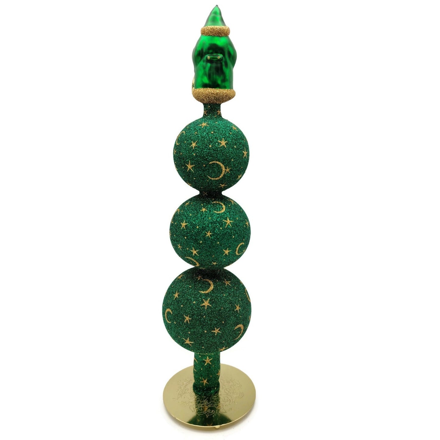 Patricia Breen Woodland Santa Finial Green Gold 3-Ball Christmas Tree Topper