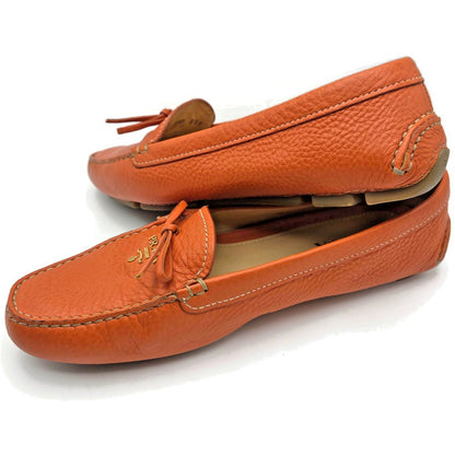 Prada Orange Papaya Pebbled Leather Loafers Slip On Driving Flats Womens Size 39