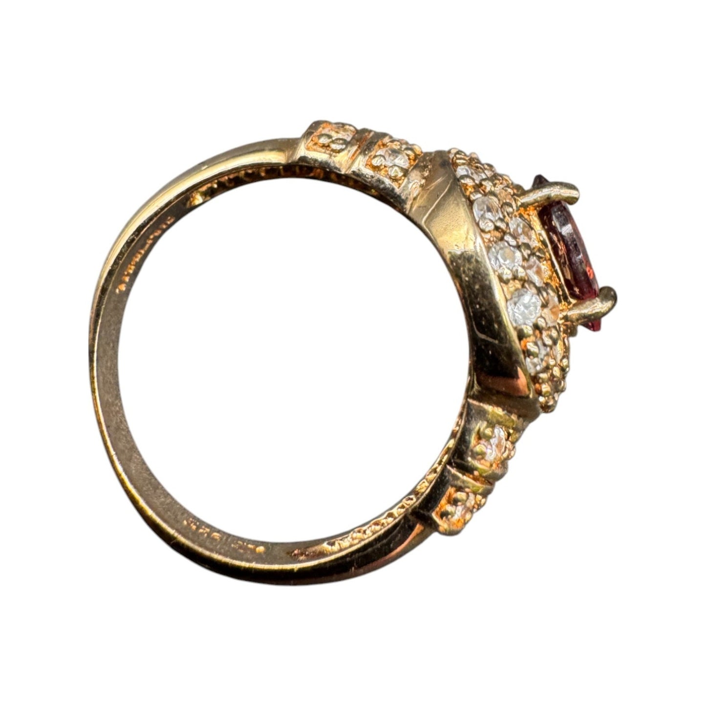 925 Sterling Silver Gold Plated Ring Red Tourmaline Gemstone Rhinestones Size 8