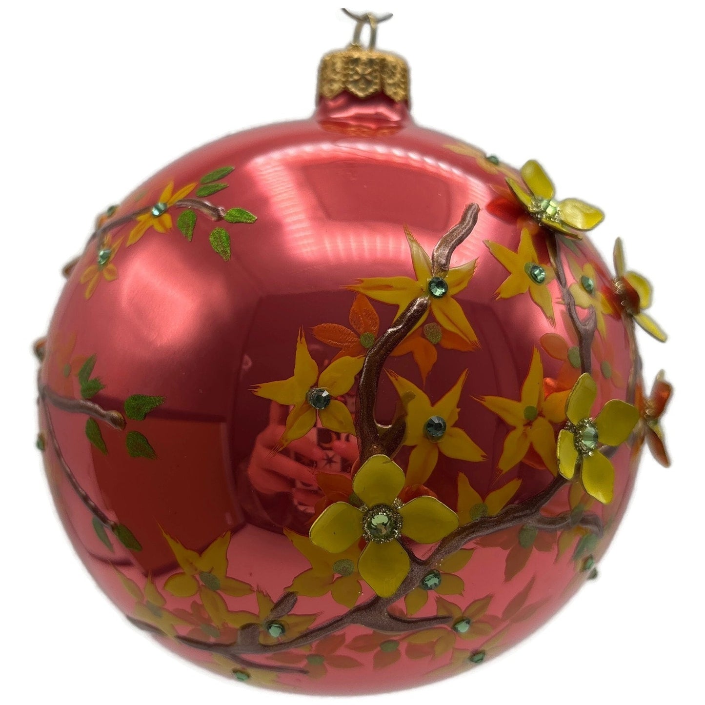 Glitter Lab Floral Symphony Raspberry Ball With Forsythia 80MM Christmas Decor