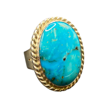 925 Sterling Silver Turquoise Gemstone Oval Cabochon Boho Cocktail Ring Size 8
