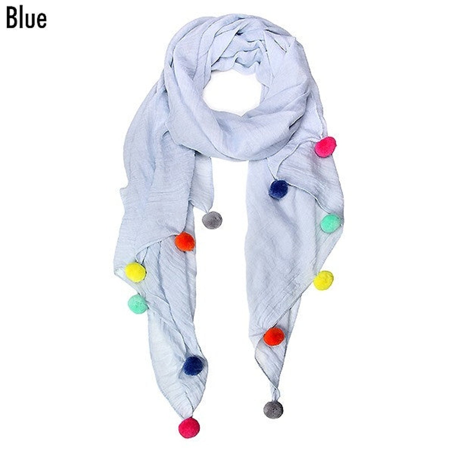Blue Pom Pom Scarf Lightweight Gauze Multicolor Trim Viscose Polyester