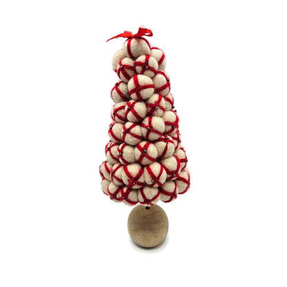 Christmas Tree Wool Peppermint Pom Pom Whimsical Red Cream Wood Felt Rustic