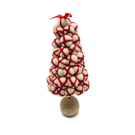 Christmas Tree Wool Peppermint Pom Pom Whimsical Red Cream Wood Felt Rustic