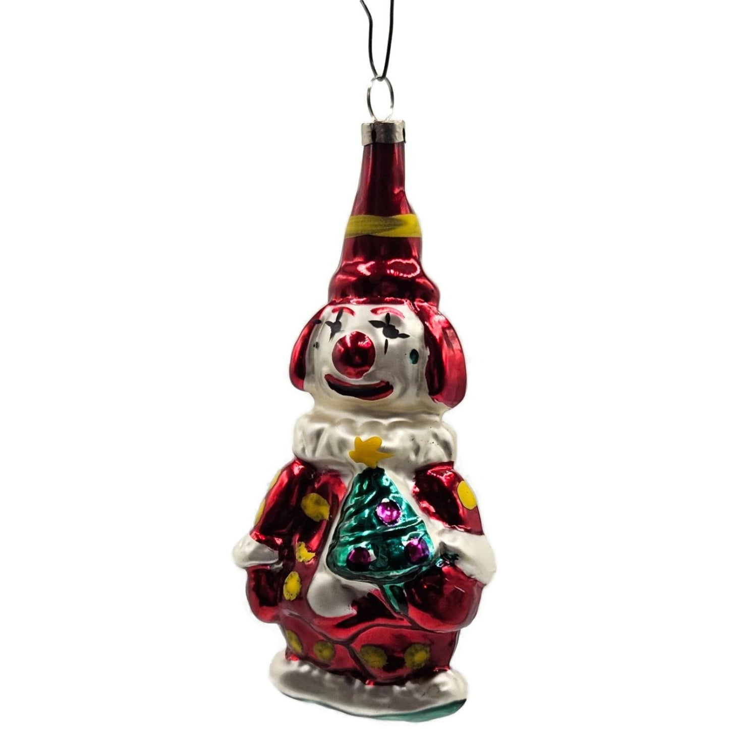 Red Clown Yellow Polka Dot Mercury Glass Christmas Tree Ornament Czechoslovakia