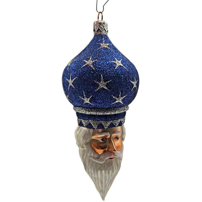 Patricia Breen Nuit Noel Blue Silver Stars Santa Head Christmas Tree Ornament