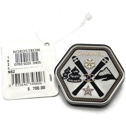 Chanel CC Logo Ski Brooch Black White Gold Snowflake Star Trees 2018 18B Rare