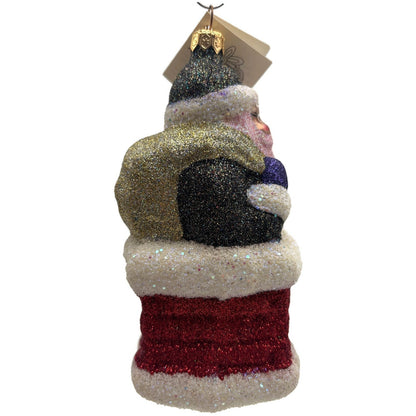 Larry Fraga Glitter Series Santa Claus in Chimney Glass Christmas Tree Ornament