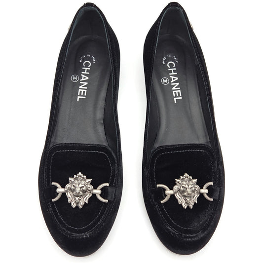Chanel Velvet Lion Loafers Black Coco EU Size 40 US Size 10 with Box 2 Dust Bags