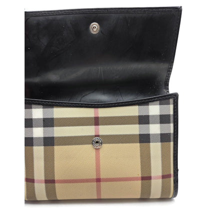 Burberry London Vintage Nova Check Leather Snap Bi-Fold Wallet Black Beige Plaid