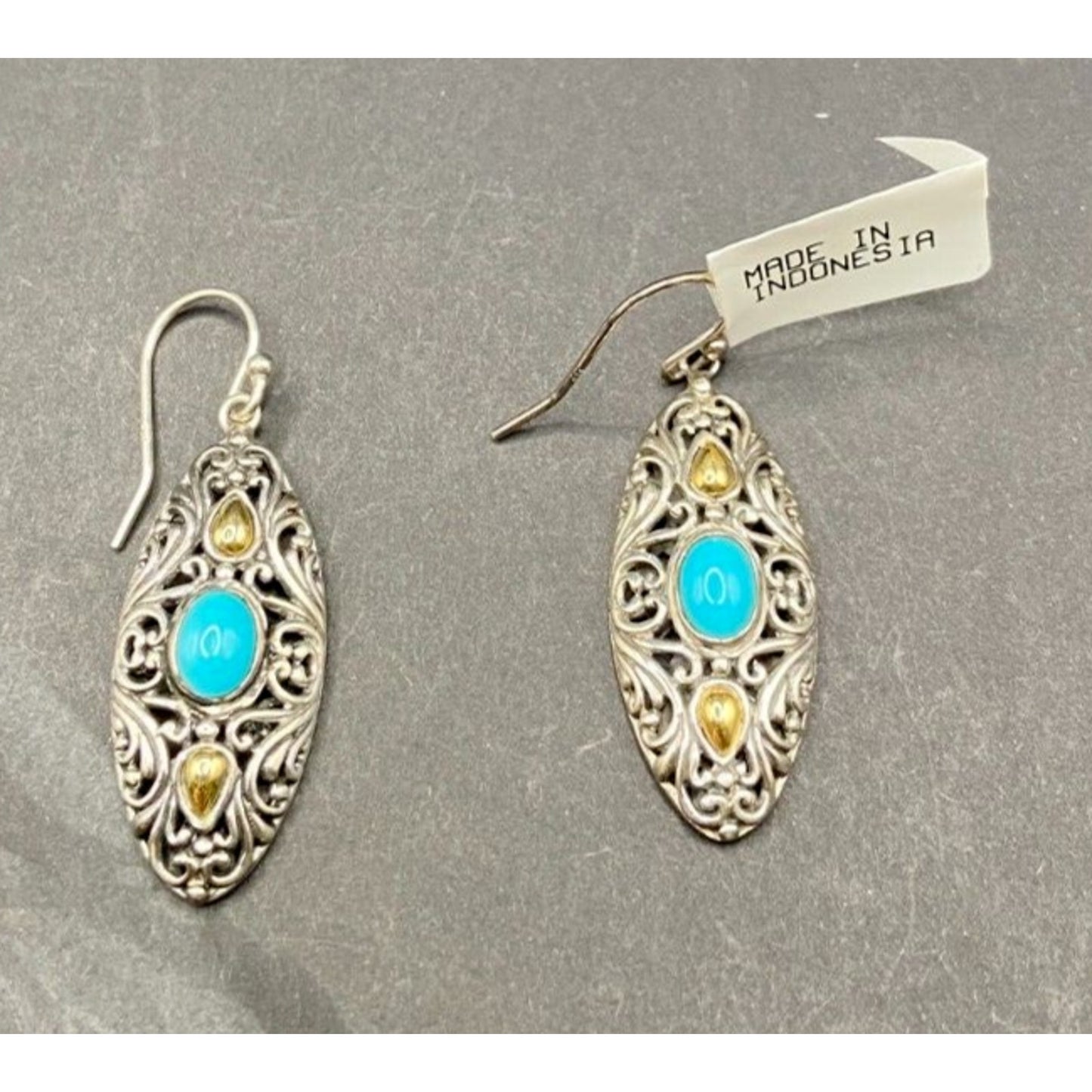 Samuel B Sleeping Beauty Turquoise Hook Earrings 925 Sterling Silver Filigree