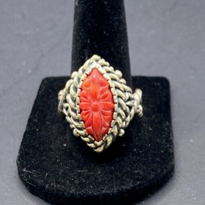 Carolyn Pollack Ring 925 Sterling Silver Red Coral Southwestern Carved Size 9
