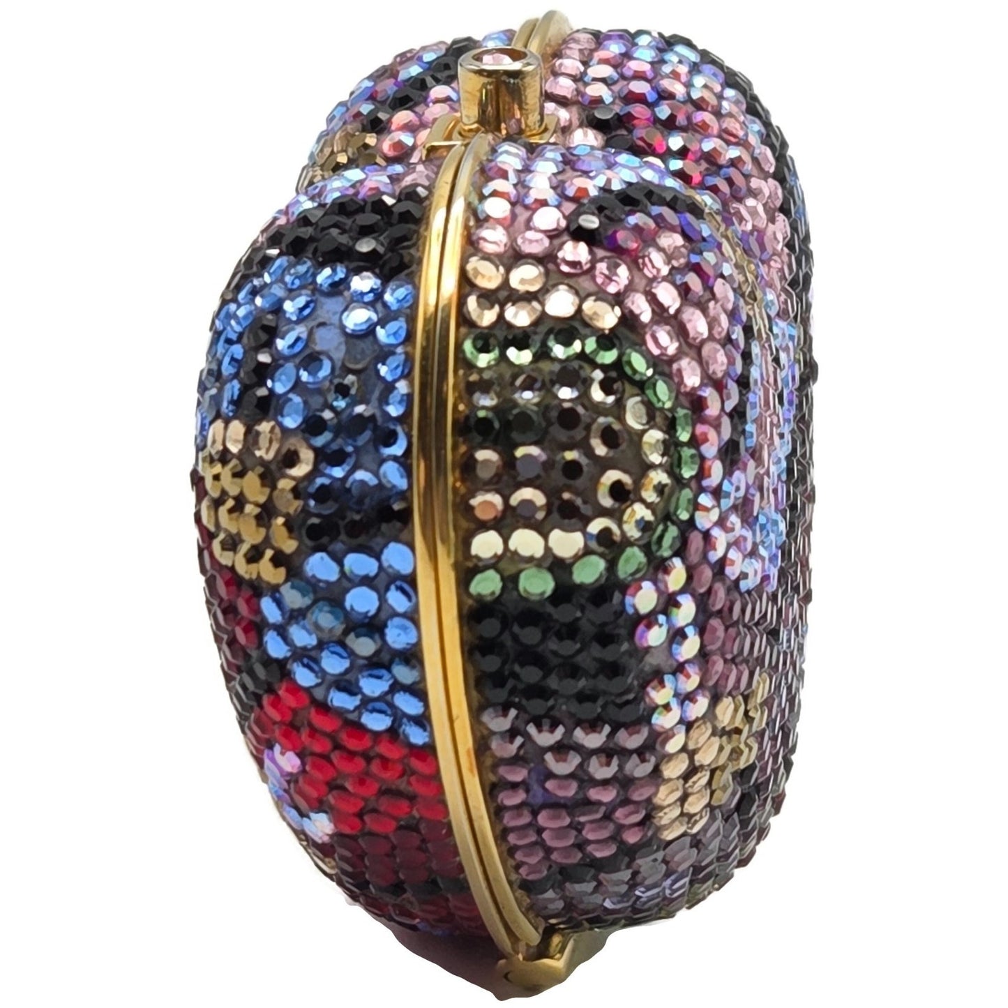 Judith Leiber Heart Crystal Pill Box Multicolor Pave Gold Tone Signed 2 inches