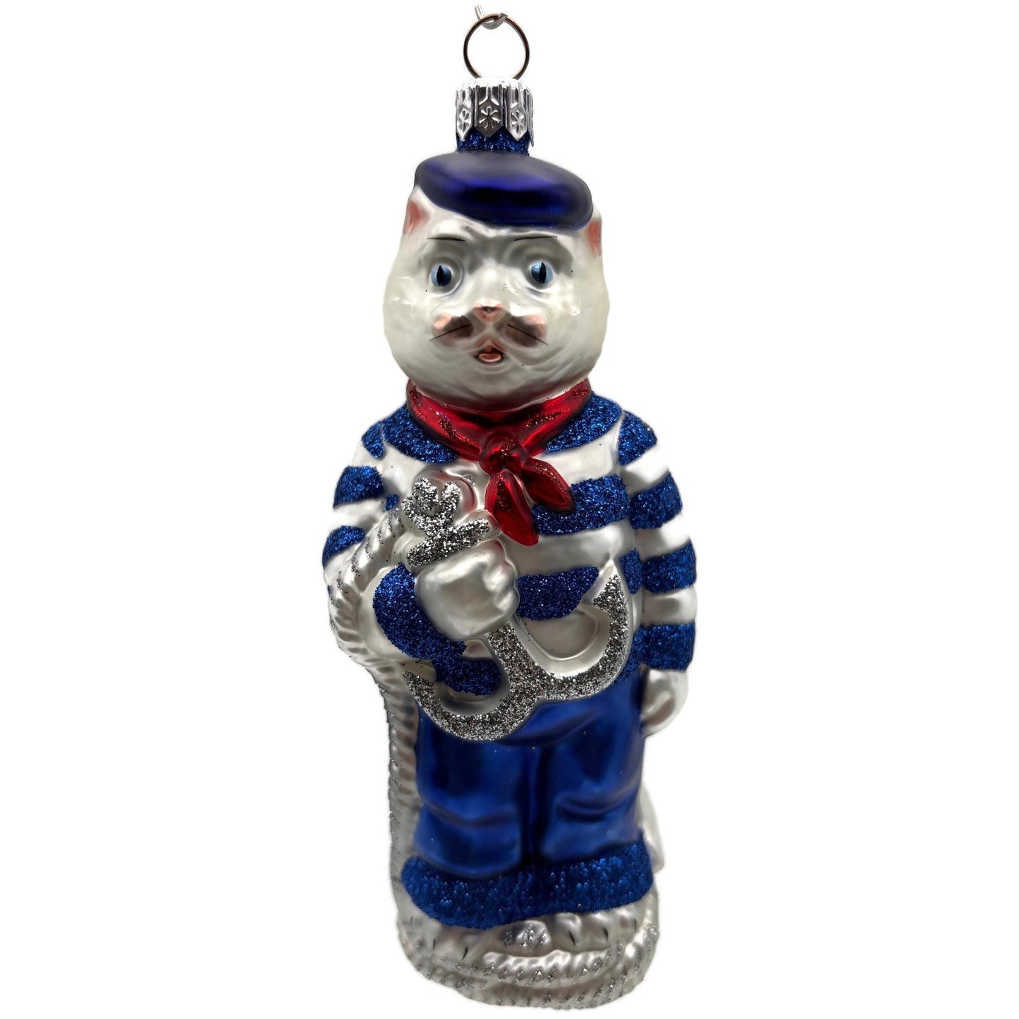 Patricia Breen Marseilles Cat Blue Silver Anchor Striped Christmas Tree Ornament