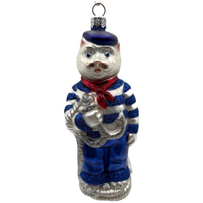 Patricia Breen Marseilles Cat Blue Silver Anchor Striped Christmas Tree Ornament