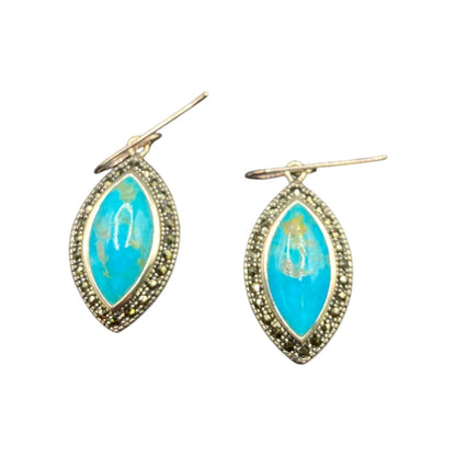 Marquise Turquoise Hook Dangle Earrings Marcasite Stone 925 Sterling Silver NK