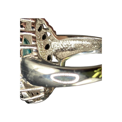 Turquoise Ring Teardrop Gemstone Black Rhinestone 925 Sterling Silver Size 7.5