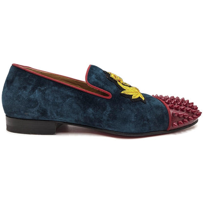 Christian Louboutin Harvanana Flat Veau Velours Blue Size 39 Spikes Crest Loafer