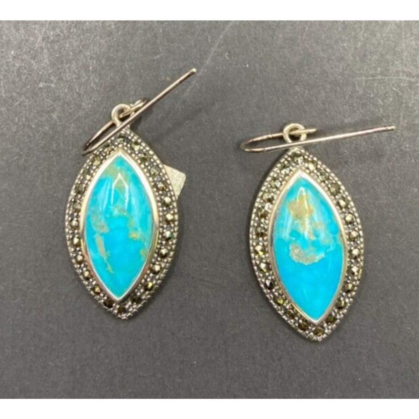 Marquise Turquoise Hook Dangle Earrings Marcasite Stone 925 Sterling Silver NK
