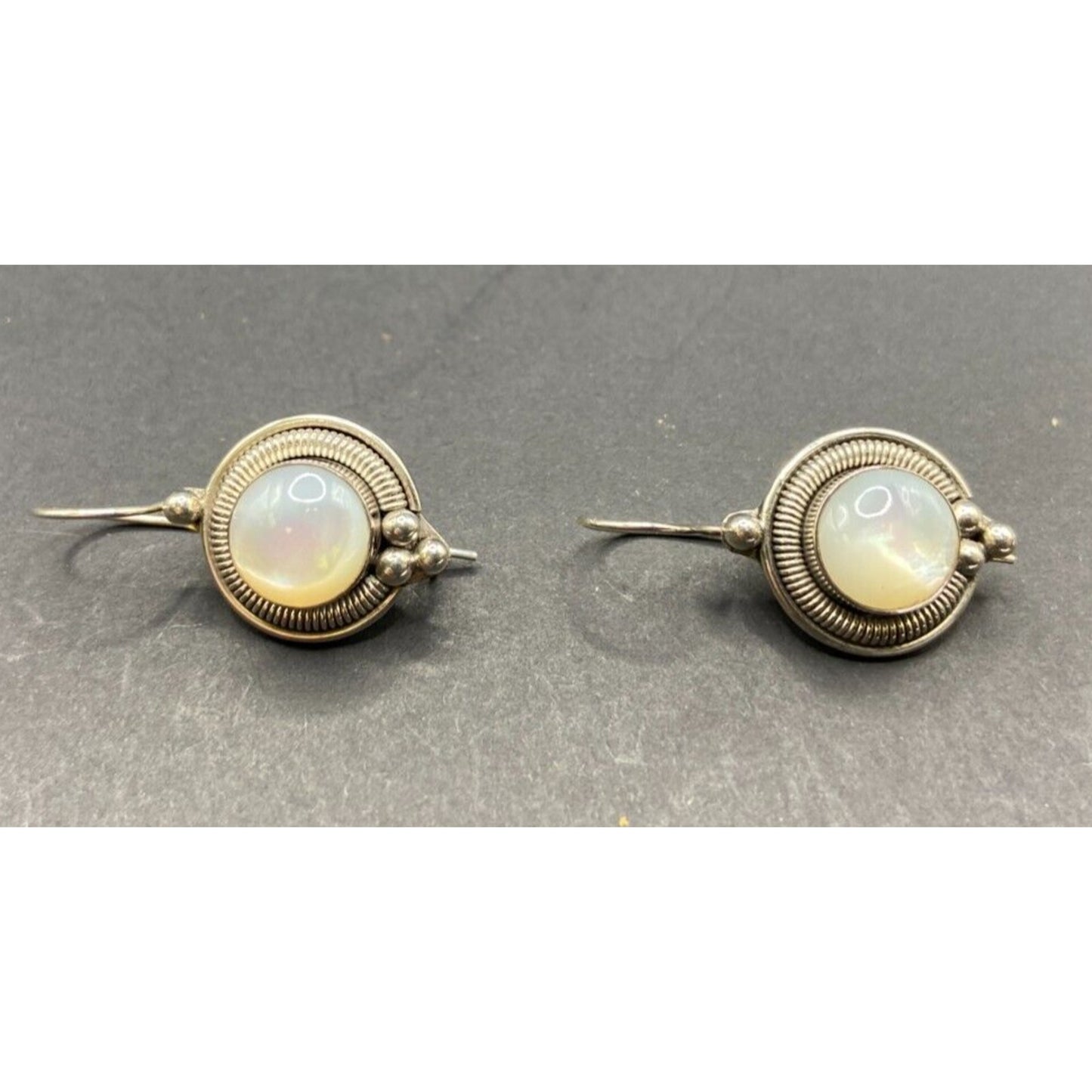 Mother Of Pearl Scroll Hook Drop Earrings Oval Gemstone 925 Sterling Silver BA