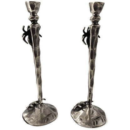 Gothic Halloween Spooky Spider Black Metal Taper Candle Holder Decor Set of 2