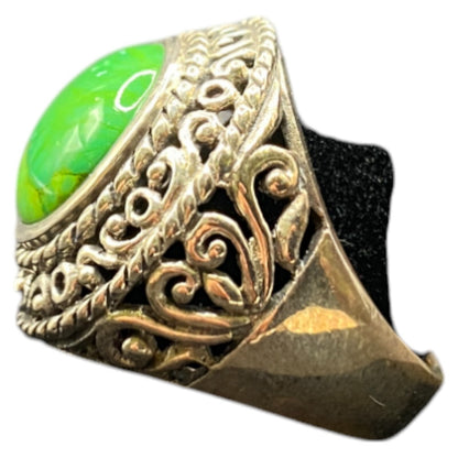 925 Sterling Silver Ring Green Turquoise Gemstone 7.5 Filigree Round Cabochon