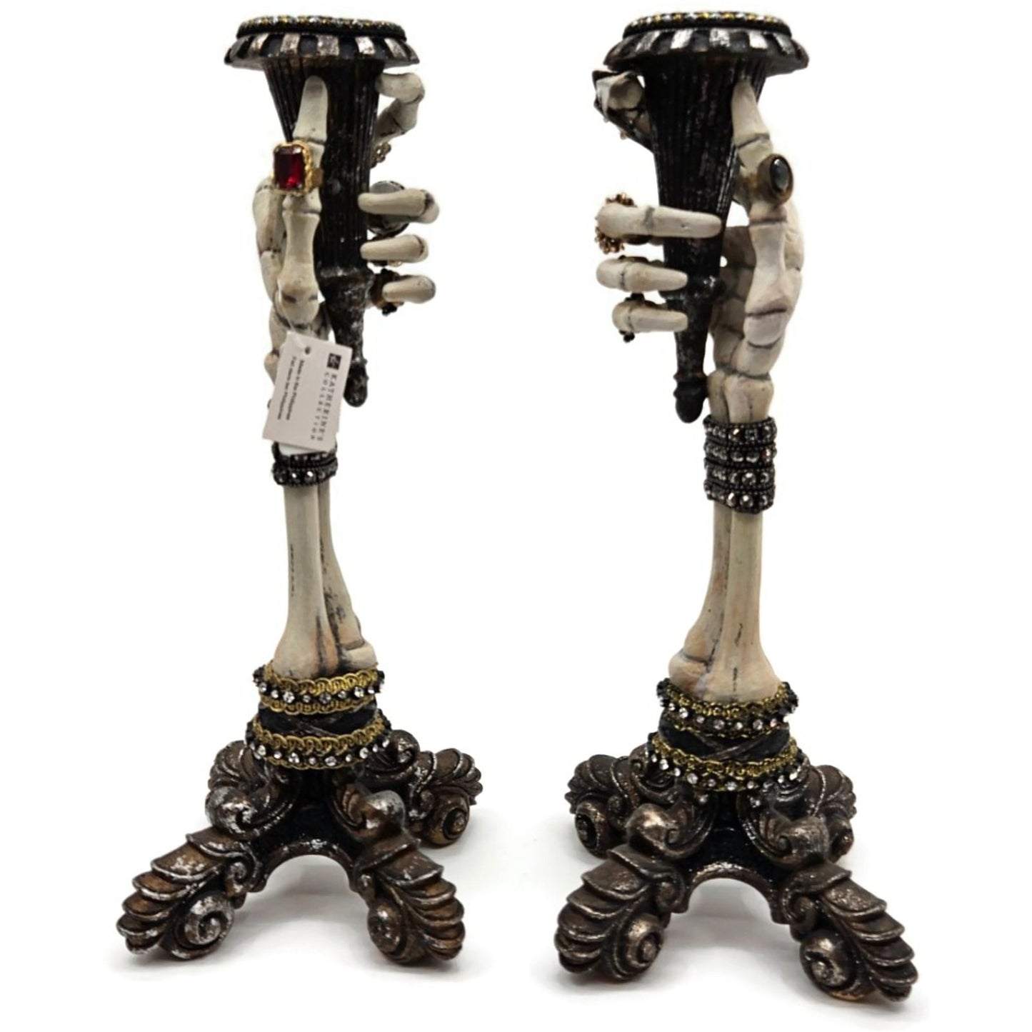 Katherine’s Collection Skeleton Hand Taper Candle Holders Pair Jeweled Rings 13"