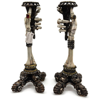 Katherine’s Collection Skeleton Hand Taper Candle Holders Pair Jeweled Rings 13"