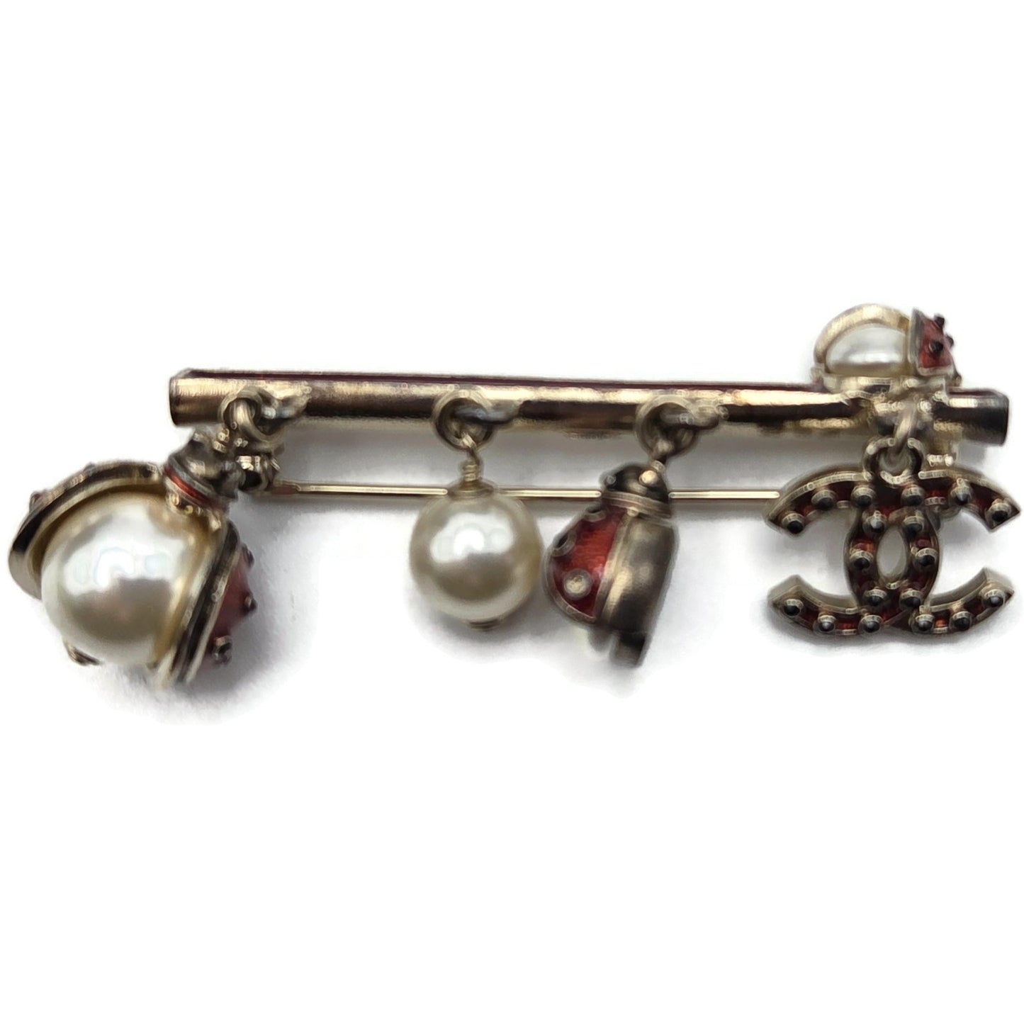 Chanel Gold Enamel Ladybug & Pearl Dangling Brooch A97981 Z5712 Spring 2018 VTG