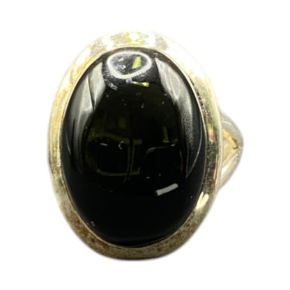 Black Onyx Cocktail Ring Oval Cabochon Gemstone Silver Tone Metal Size 7