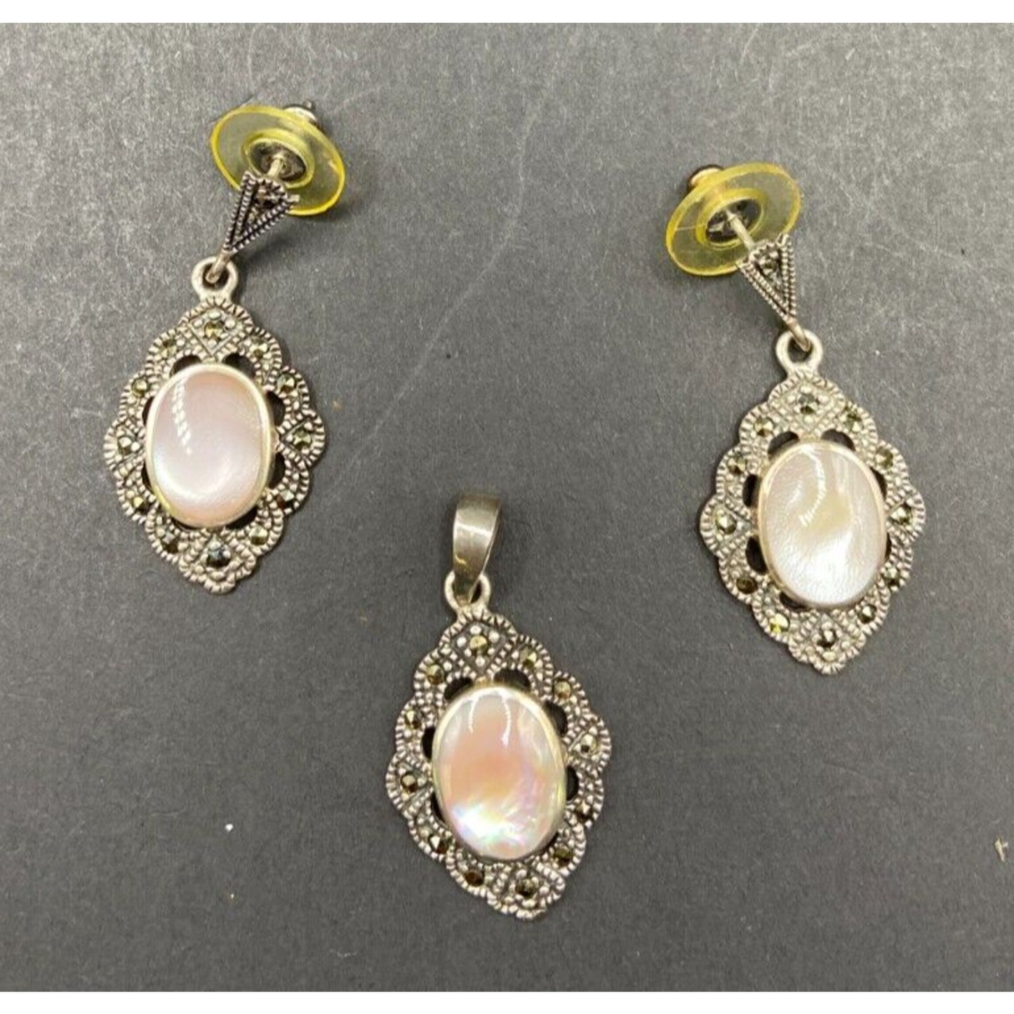 Mother Of Pearl Oval Pendant Earrings Set Marcasite Crystal 925 Sterling Silver