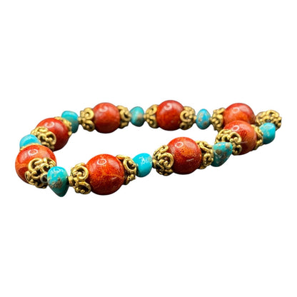 3 Pc Set Sponge Coral Turquoise Beaded Necklace Bracelets Gold Tone Metal
