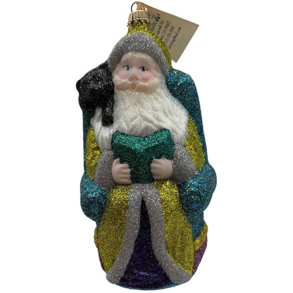 Larry Fraga Settling In Yellow Santa Claus Black Bear Glitter Christmas Ornament