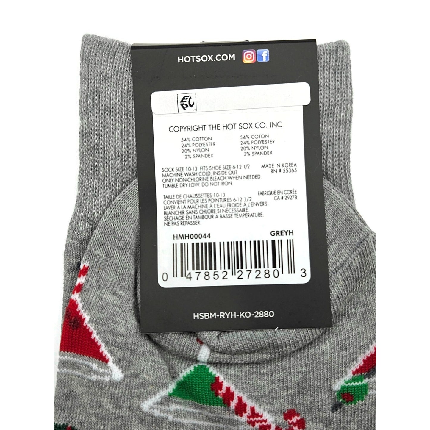 Hot Sox Gray Christmas Socks Martini Glass Candy Canes Holiday Stocking Stuffers