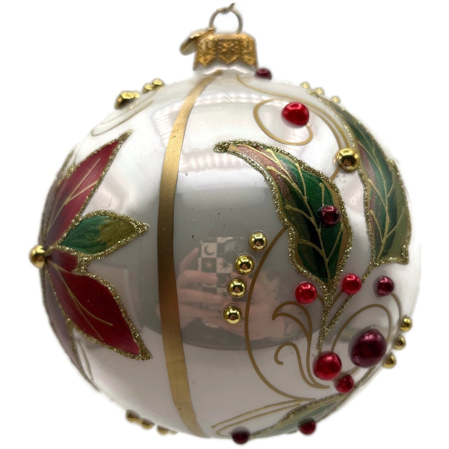 Glitter Lab Christmas Patterns Poinsettia Leaves White Orb Ball Holiday Ornament