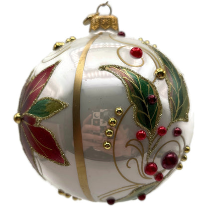 Glitter Lab Christmas Patterns Poinsettia Leaves White Orb Ball Holiday Ornament