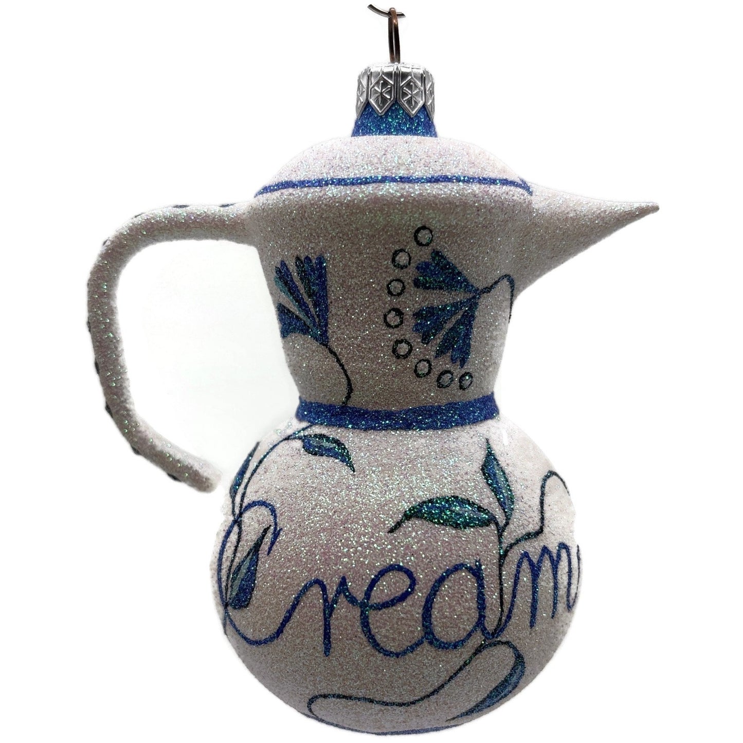 Patricia Breen Sweet Cream Glittered Blue Flowers Pearl White Spring Ornament