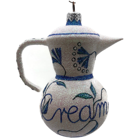 Patricia Breen Sweet Cream Glittered Blue Flowers Pearl White Spring Ornament