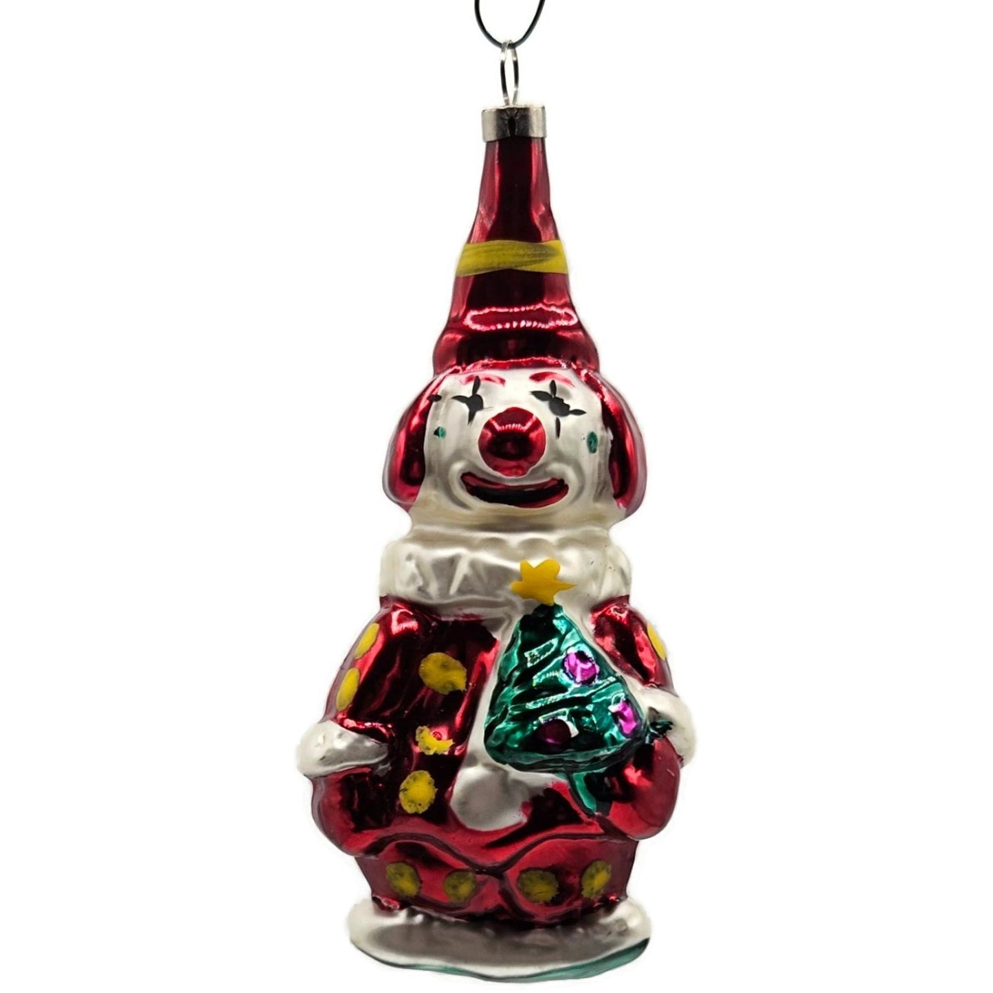 Red Clown Yellow Polka Dot Mercury Glass Christmas Tree Ornament Czechoslovakia