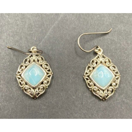 Larimar Fish Hook Earrings Cushion Cut Gemstone 925 Sterling Silver NK Thailand