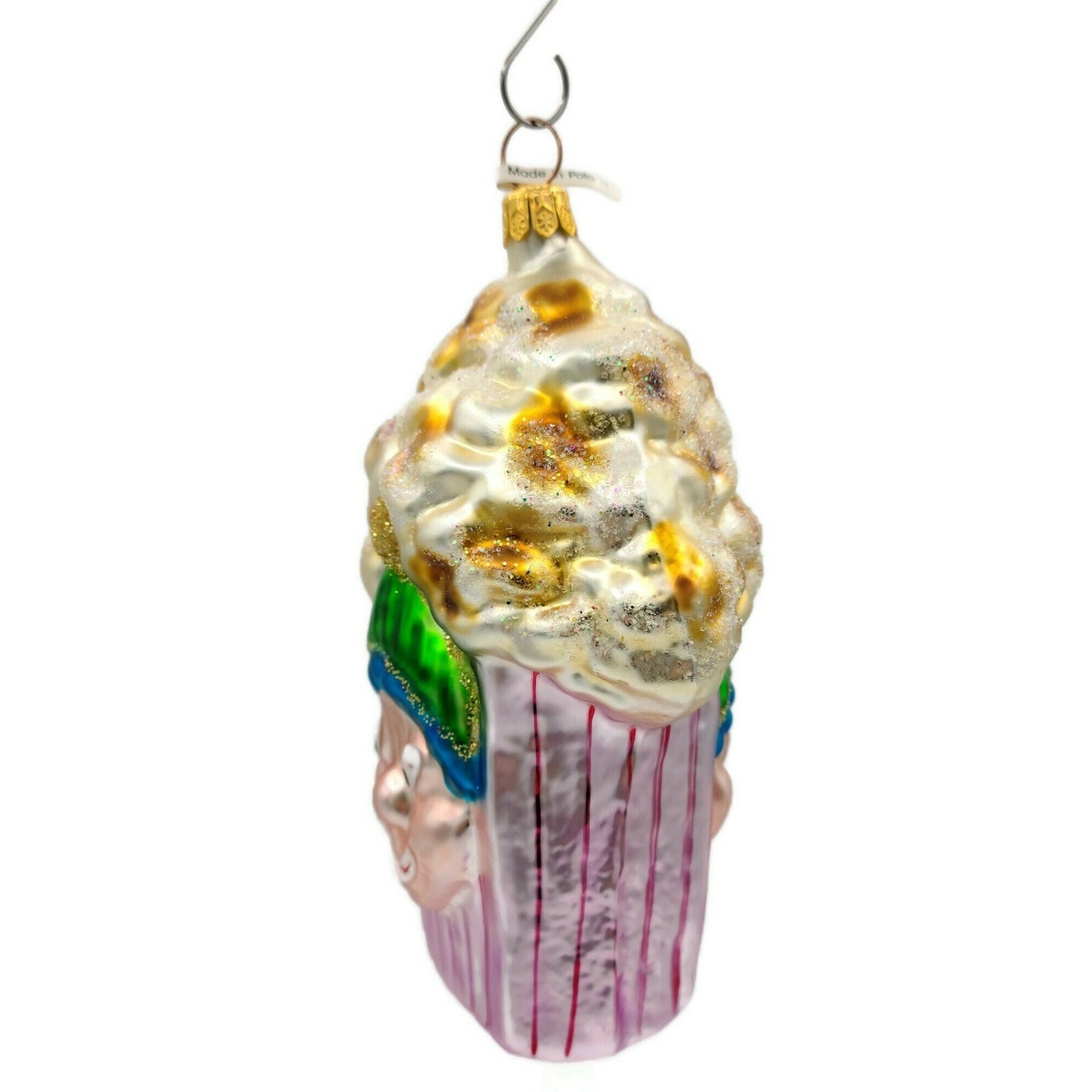 Larry Fraga Popcorn Box Blown Glass Circus Clown Movie Glitter Striped Ornament