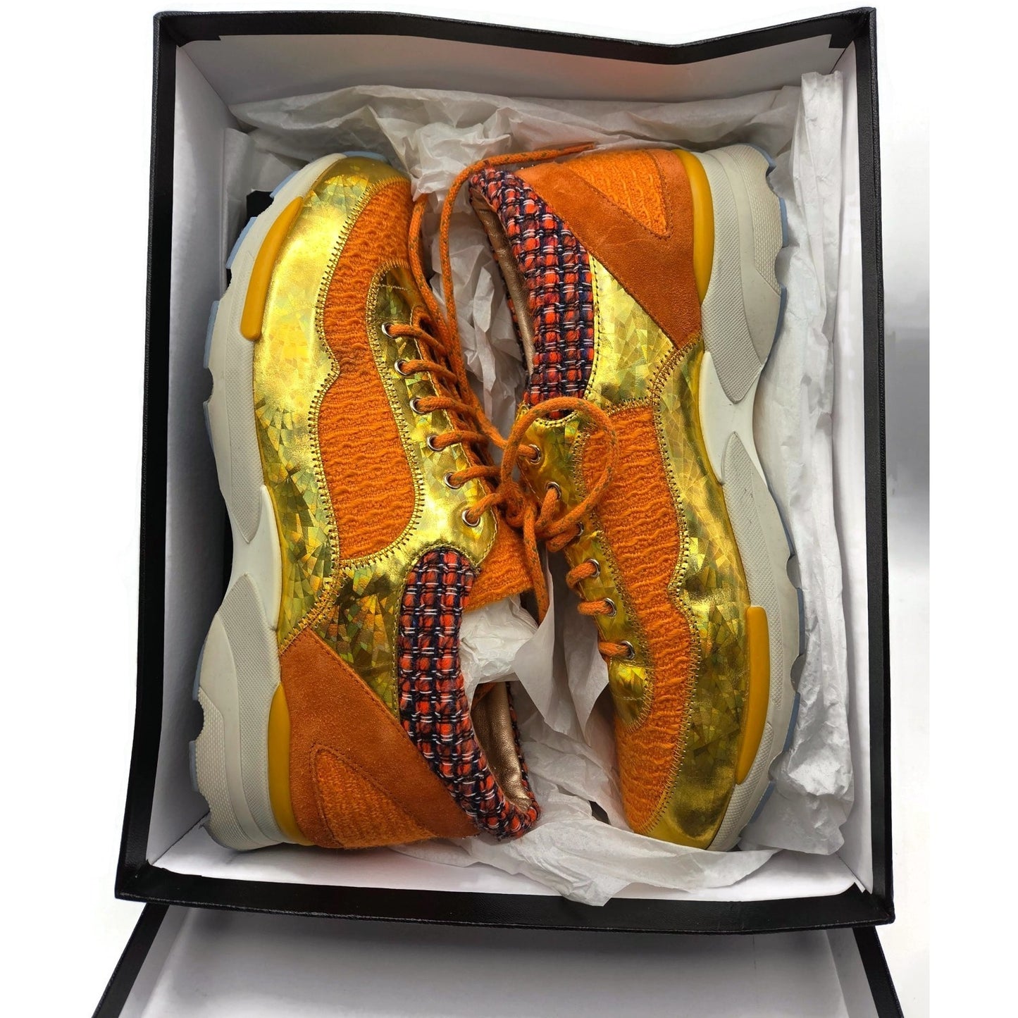 Chanel 14K Supermarket Orange Tweed PVC Suede Gold Sneakers Women EU Size 40.5