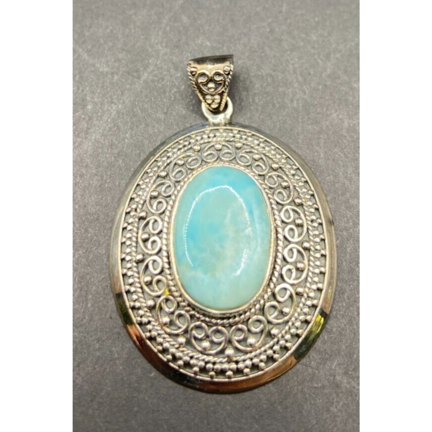 Blue Quartz Gemstone Pendant Oval Cabochon 925 Sterling Silver Filigree BJC